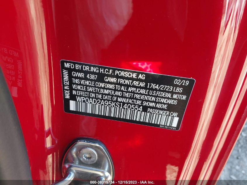 2019 PORSCHE 911 TURBO S - WP0AD2A95KS140554