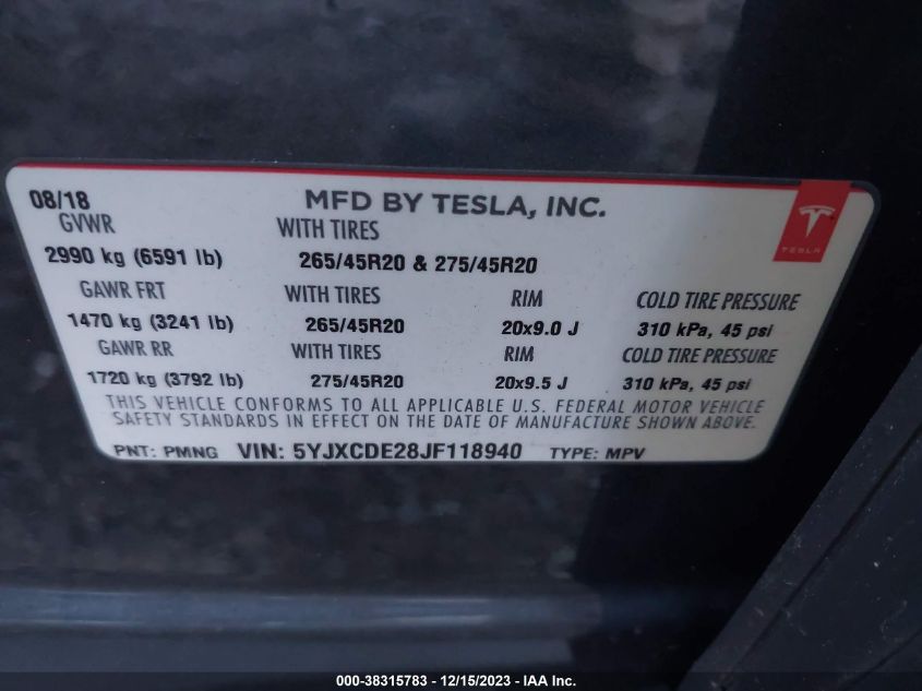 2018 TESLA MODEL X 100D/75D/P100D - 5YJXCDE28JF118940