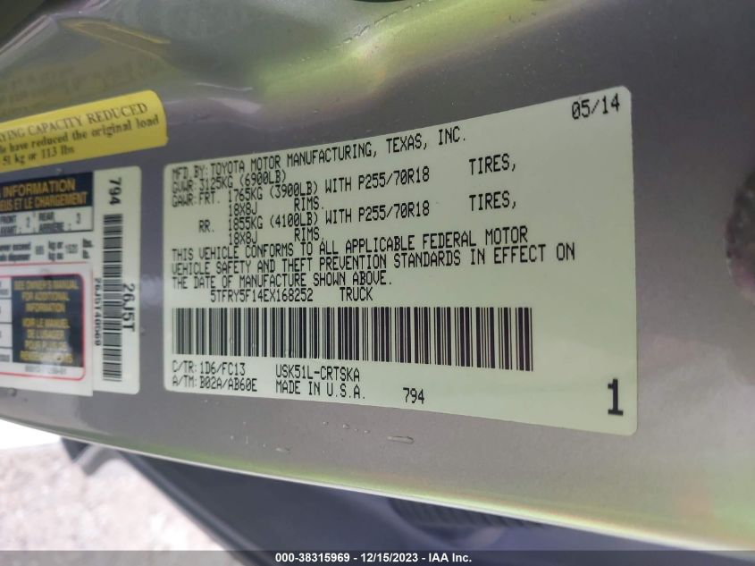 2014 TOYOTA TUNDRA SR5 5.7L V8 - 5TFRY5F14EX168252