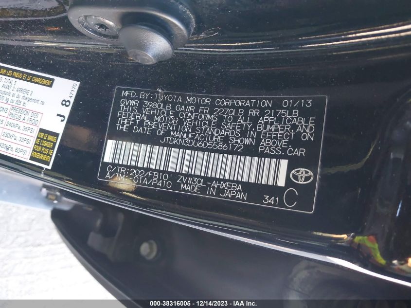 2013 TOYOTA PRIUS TWO - JTDKN3DU6D5586172