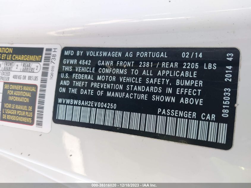 2014 VOLKSWAGEN EOS KOMFORT WVWBW8AH2EV004250