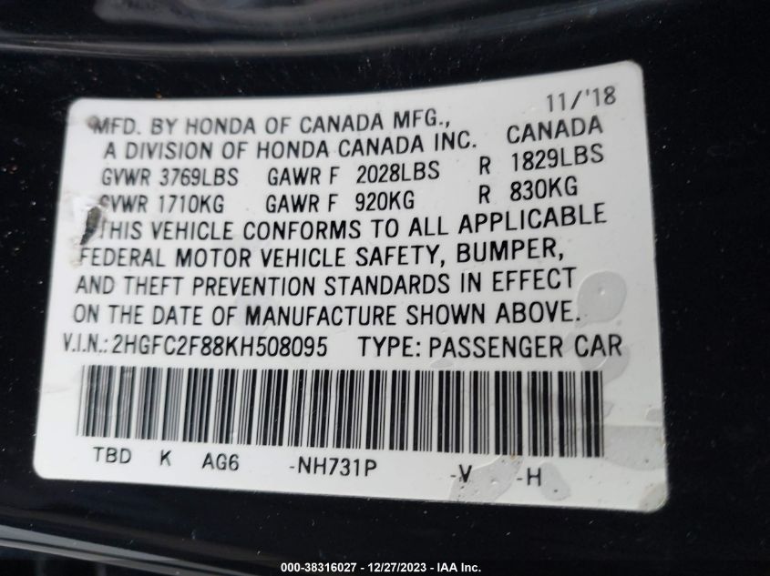 2019 HONDA CIVIC SPORT - 2HGFC2F88KH508095
