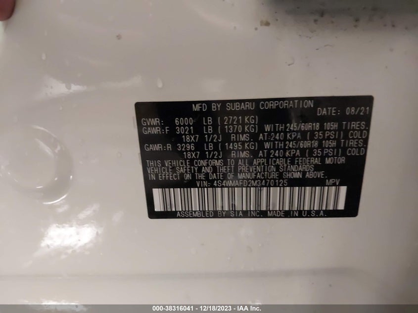 VIN 4S4WMAFD2M3470125 2021 SUBARU ASCENT PREMIUM