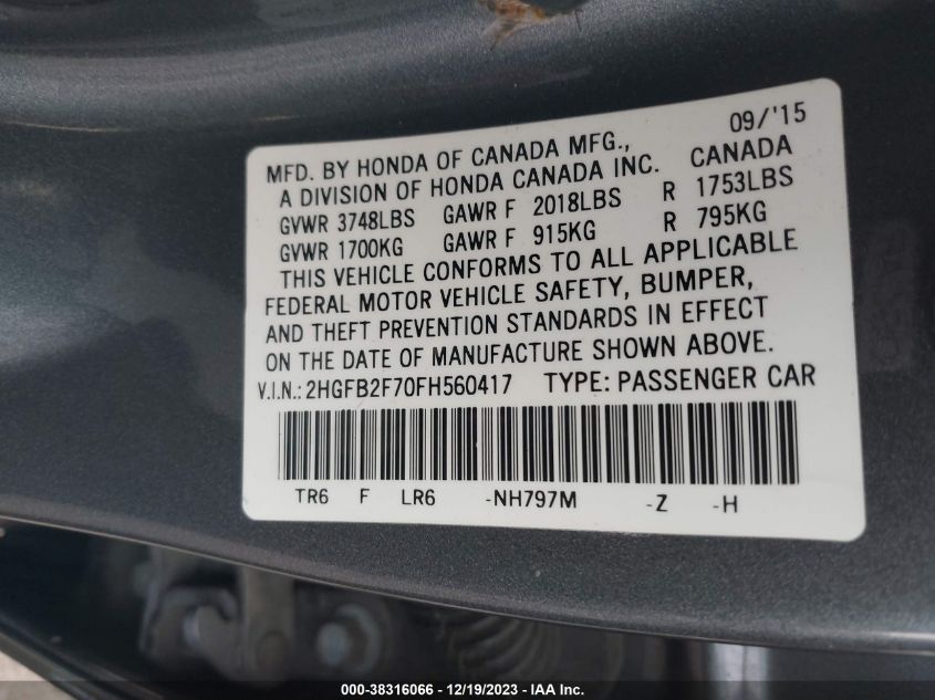 2015 HONDA CIVIC SE - 2HGFB2F70FH560417