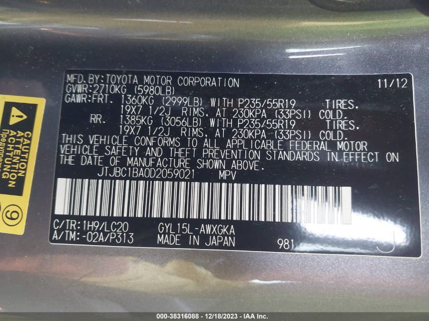 2013 LEXUS RX 450H - JTJBC1BA0D2059021