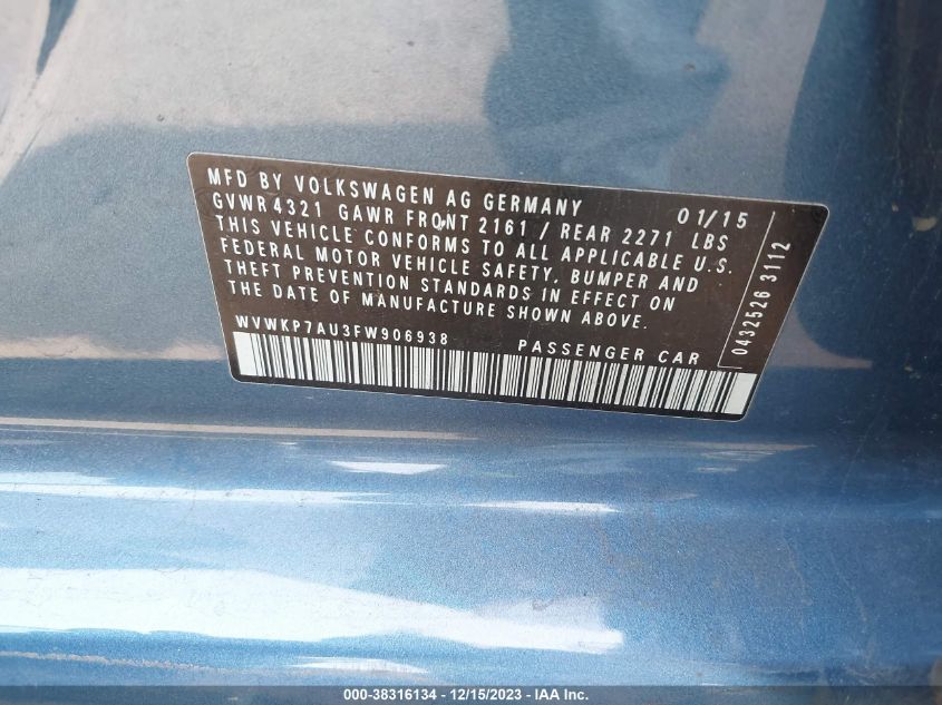 2015 VOLKSWAGEN E-GOLF LIMITED EDITION - WVWKP7AU3FW906938