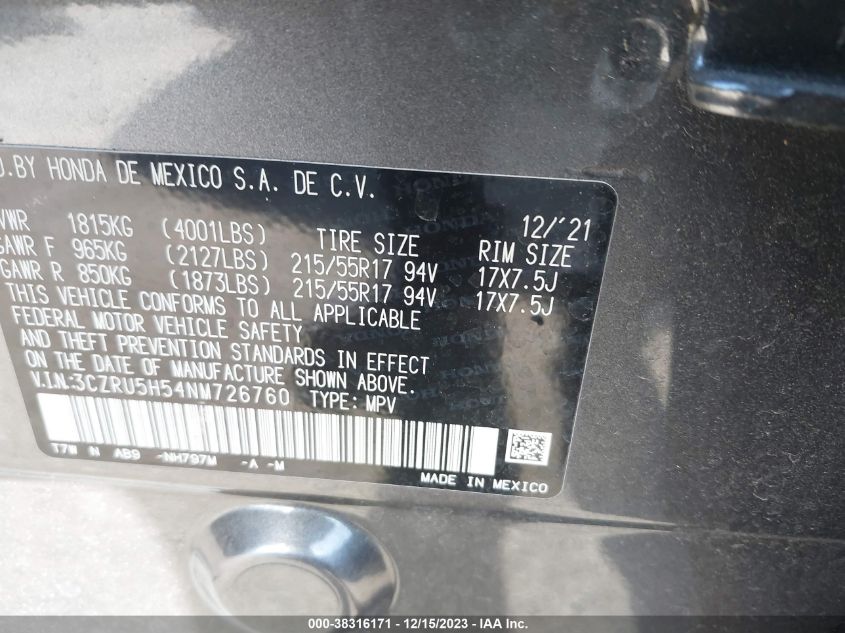 2022 HONDA HR-V 2WD EX - 3CZRU5H54NM726760