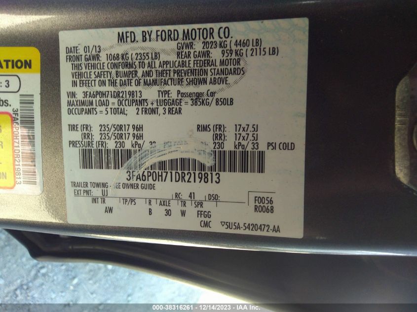 2013 FORD FUSION SE - 3FA6P0H71DR219813