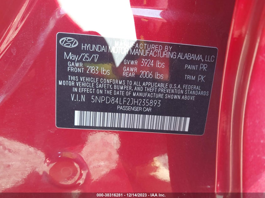VIN 5NPD84LF2JH235893 2018 HYUNDAI ELANTRA SEL