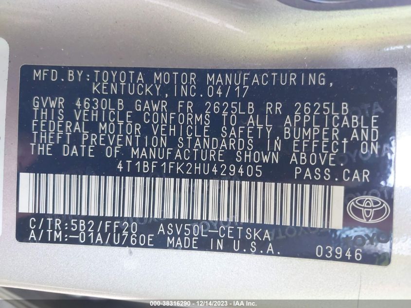 2017 TOYOTA CAMRY SE - 4T1BF1FK2HU429405