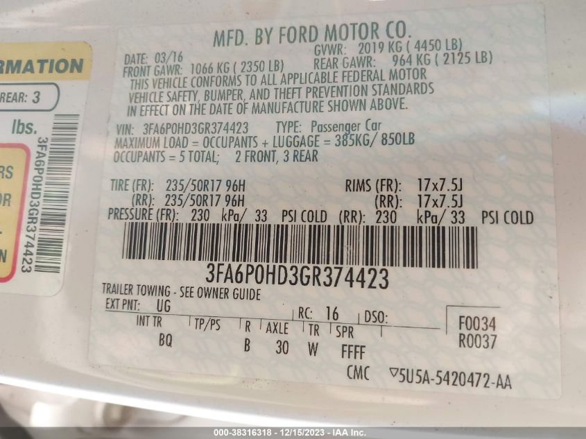 2016 FORD FUSION SE - 3FA6P0HD3GR374423