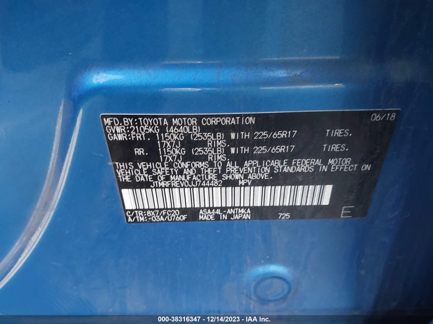 VIN JTMRFREV0JJ744482 2018 TOYOTA RAV4 XLE