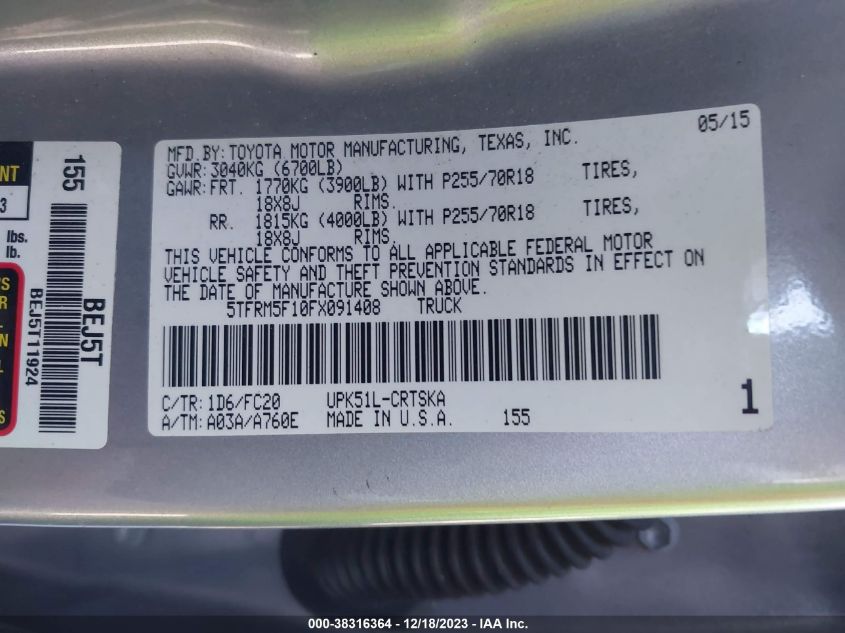 2015 TOYOTA TUNDRA SR5 4.6L V8 - 5TFRM5F10FX091408