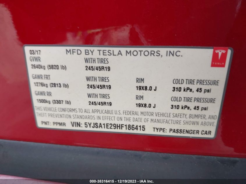 2017 TESLA MODEL S 100D/60D/75D/90D/P100D - 5YJSA1E29HF186415