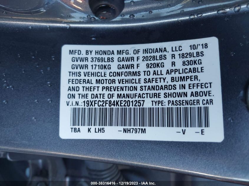2019 HONDA CIVIC SPORT - 19XFC2F84KE201257