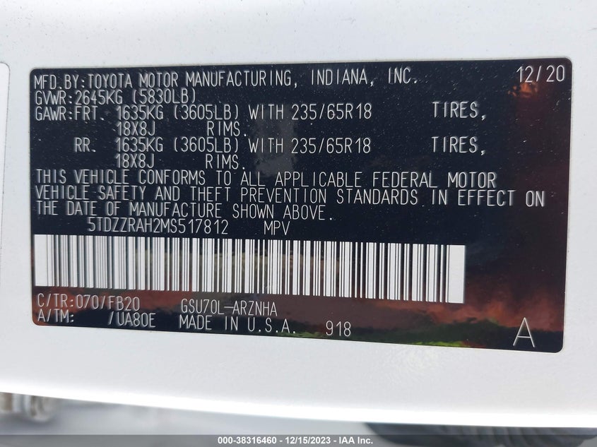 VIN 5TDZZRAH2MS517812 2021 TOYOTA HIGHLANDER LE