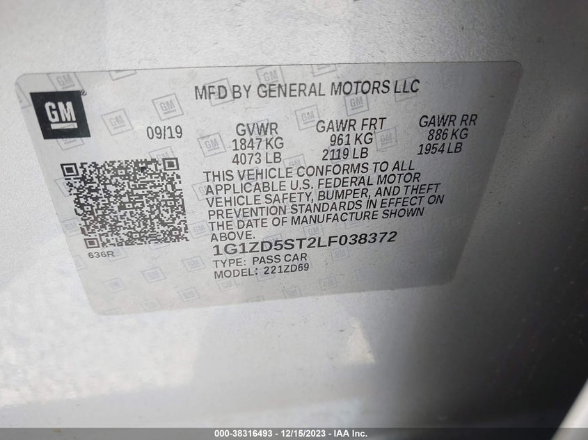 VIN 1G1ZD5ST2LF038372 2020 CHEVROLET MALIBU FWD LT