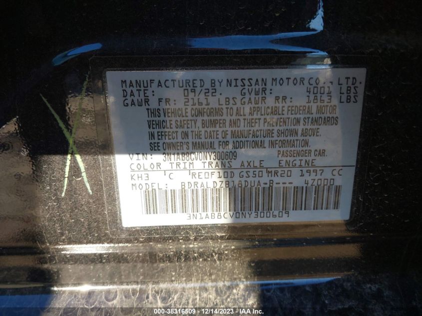 2022 NISSAN SENTRA SV XTRONIC CVT - 3N1AB8CV0NY300609