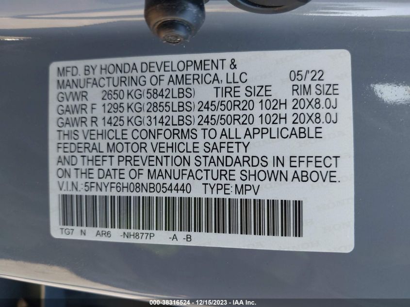 2022 HONDA PILOT AWD ELITE - 5FNYF6H08NB054440