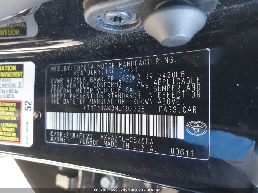 2021 TOYOTA CAMRY SE NIGHTSHADE EDITION - 4T1T11AK3MU492226