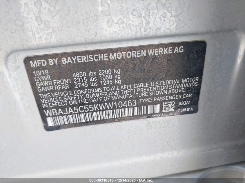 2019 BMW 530I WBAJA5C55KWW10463