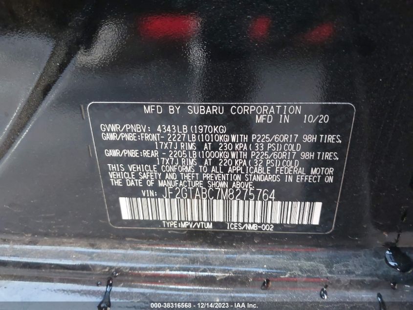 2021 SUBARU CROSSTREK - JF2GTABC7M8275764