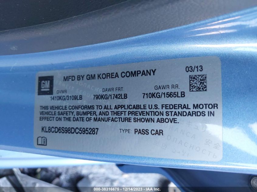 2013 CHEVROLET SPARK 1LT AUTO - KL8CD6S98DC595287