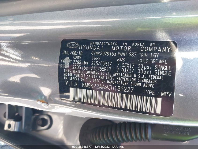 2018 HYUNDAI KONA SEL - KM8K22AA9JU182227