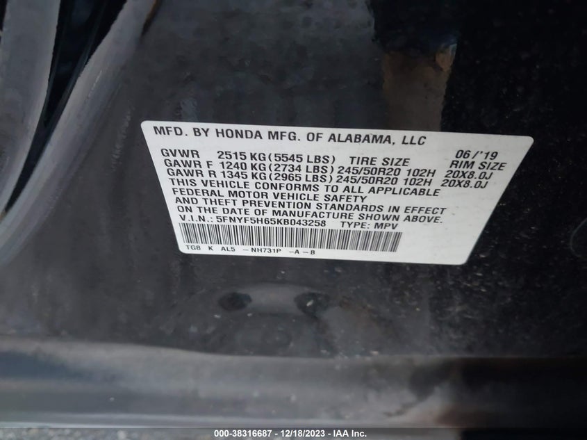 VIN 5FNYF5H65KB043258 2019 HONDA PILOT TOURING