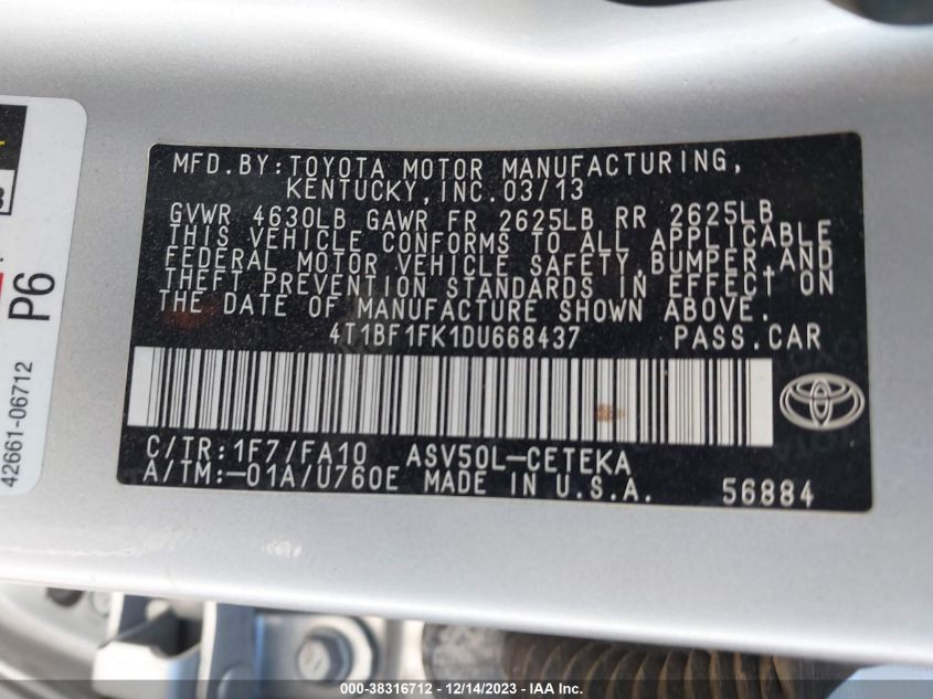 2013 TOYOTA CAMRY L - 4T1BF1FK1DU668437