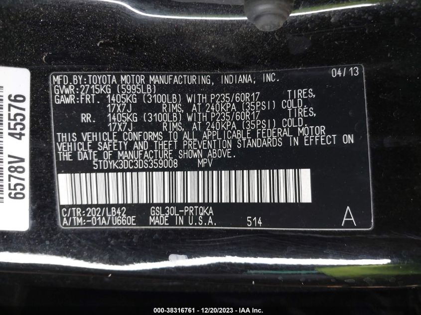 2013 TOYOTA SIENNA XLE - 5TDYK3DC3DS359008