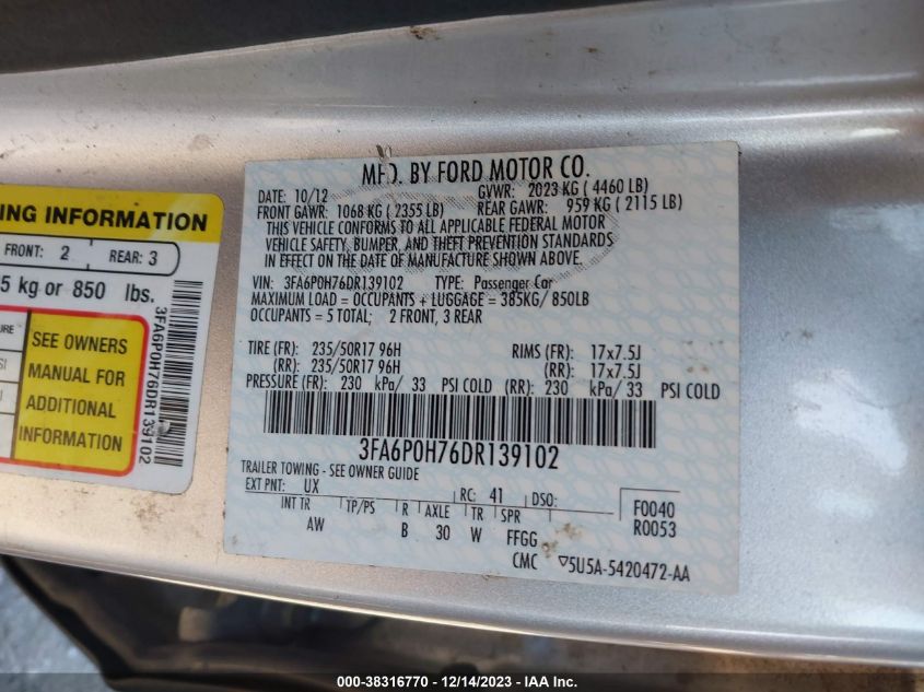 2013 FORD FUSION SE - 3FA6P0H76DR139102