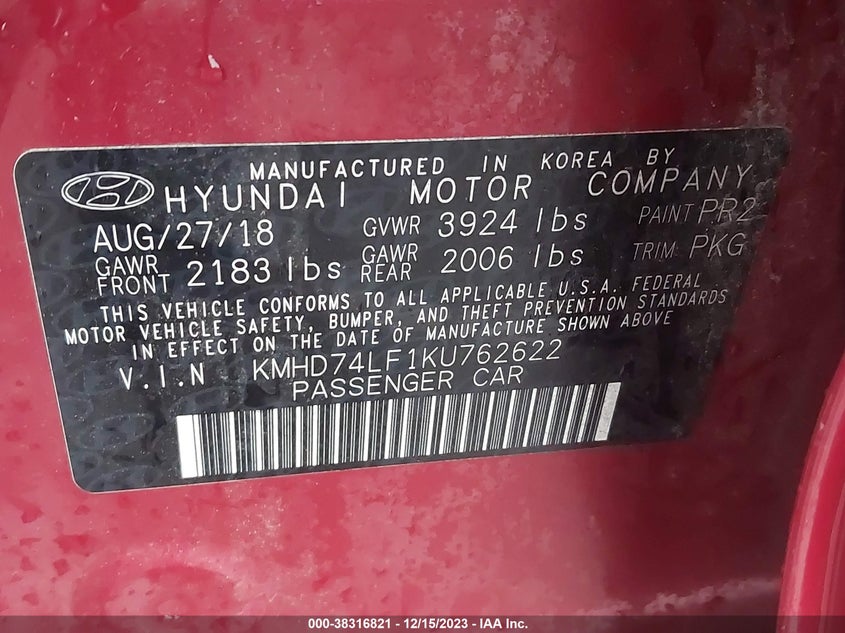 VIN KMHD74LF1KU762622 2019 HYUNDAI ELANTRA SE