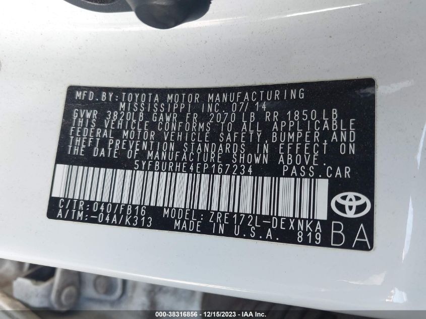 2014 TOYOTA COROLLA LE - 5YFBURHE4EP167234