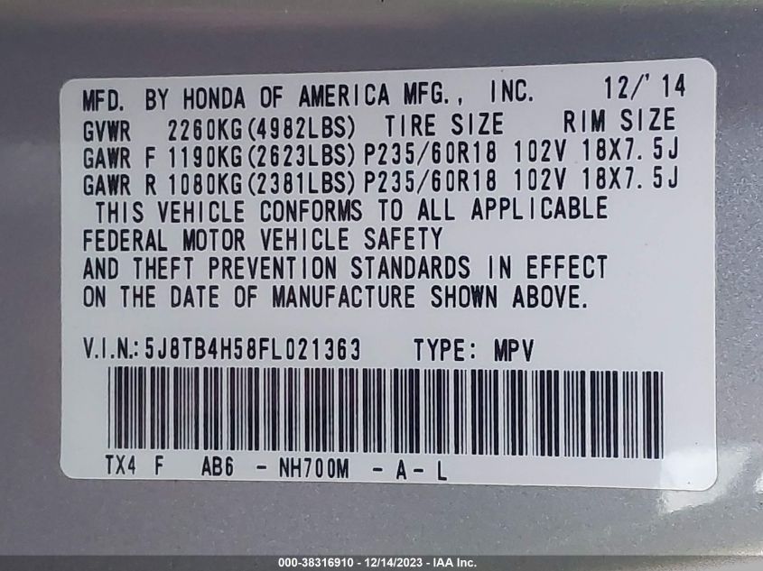 2015 ACURA RDX TECH PKG - 5J8TB4H58FL021363