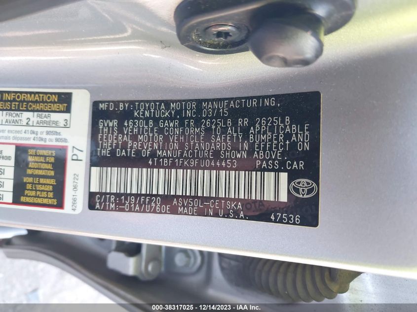 2015 TOYOTA CAMRY SE - 4T1BF1FK9FU044453