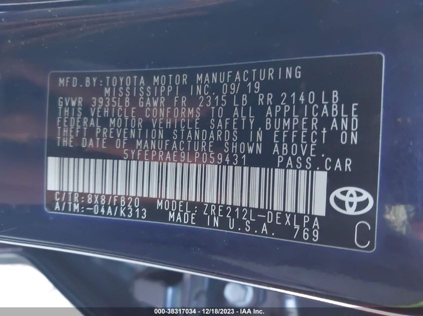 2020 TOYOTA COROLLA LE - 5YFEPRAE9LP059431