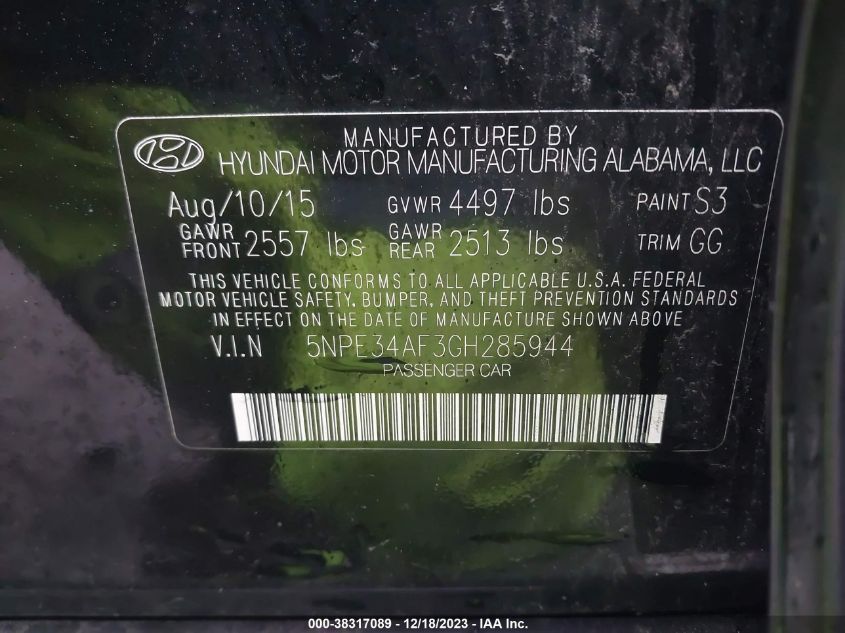 5NPE34AF3GH285944 | 2016 HYUNDAI SONATA