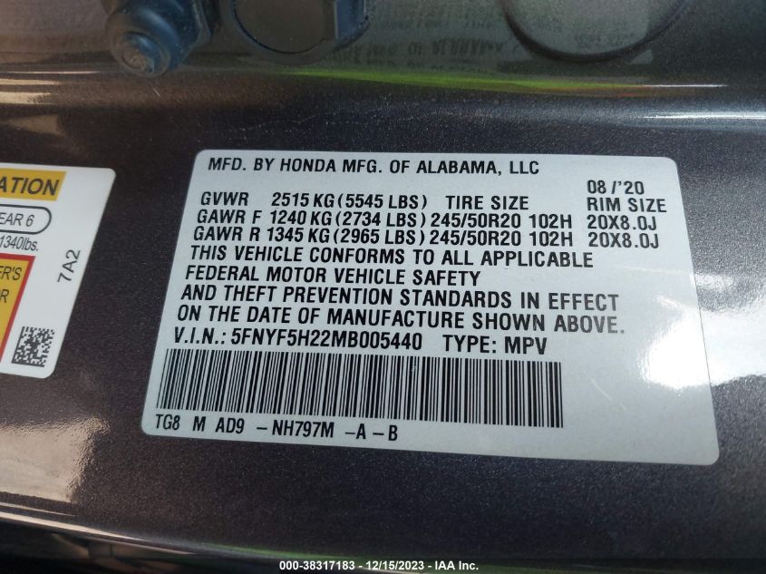 2021 HONDA PILOT 2WD SPECIAL EDITION - 5FNYF5H22MB005440