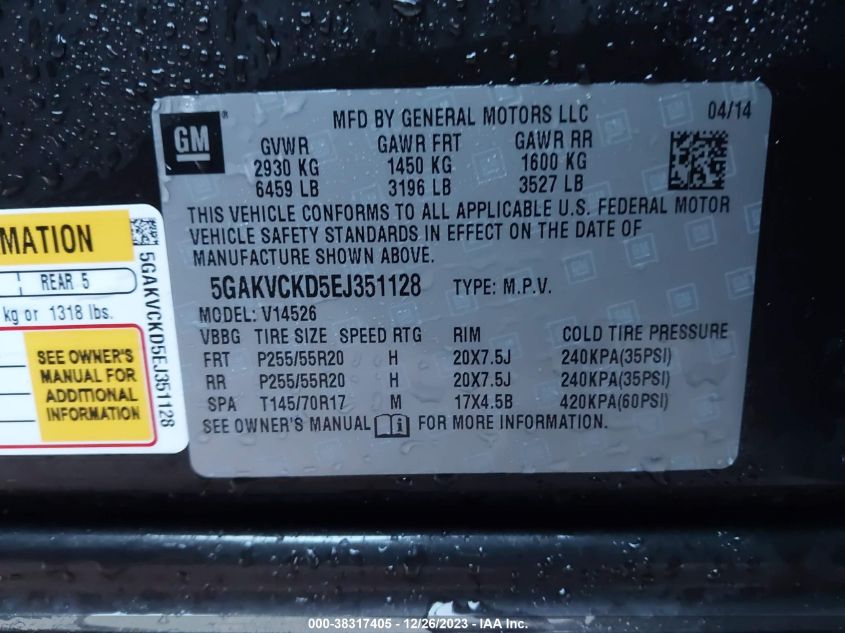2014 BUICK ENCLAVE PREMIUM - 5GAKVCKD5EJ351128