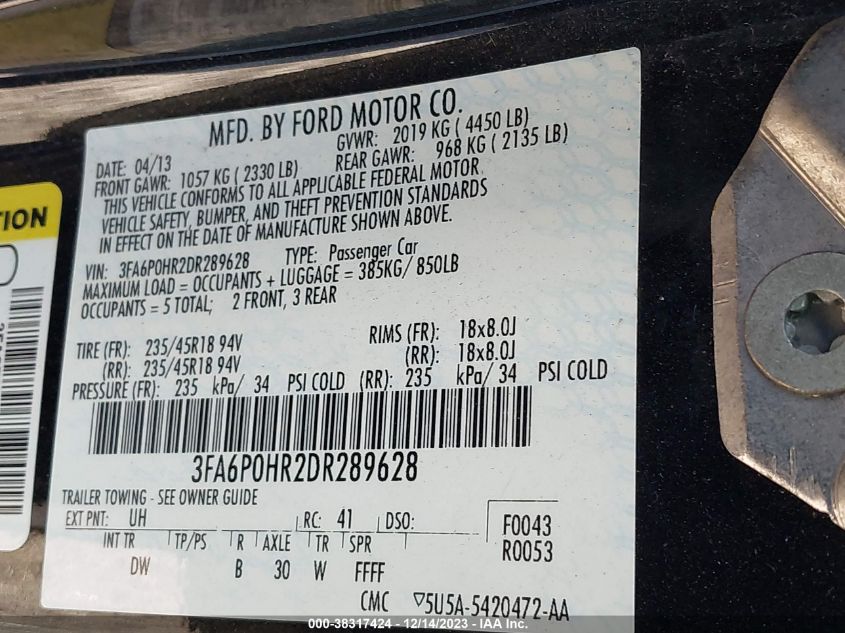 2013 FORD FUSION SE - 3FA6P0HR2DR289628