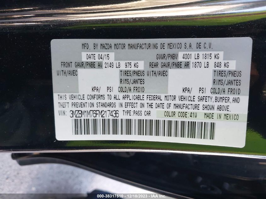 2015 MAZDA MAZDA3 I GRAND TOURING - 3MZBM1M76FM217436