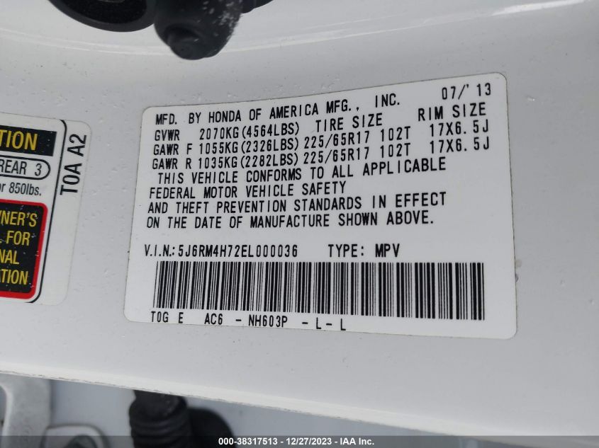 2014 HONDA CR-V EX-L - 5J6RM4H72EL000036