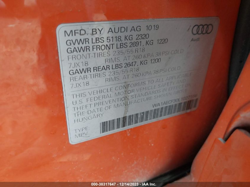 2020 AUDI Q3 PREMIUM 45 TFSI QUATTRO TIPTRONIC - WA1AECF30L1027166