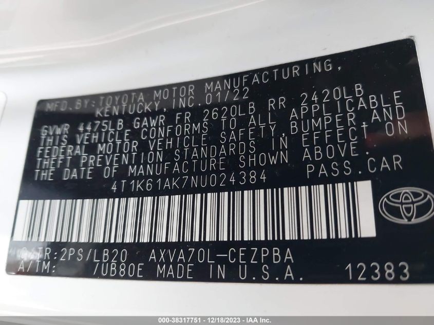 2022 TOYOTA CAMRY XSE - 4T1K61AK7NU024384