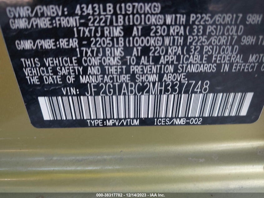 VIN JF2GTABC2MH337748 2021 SUBARU CROSSTREK