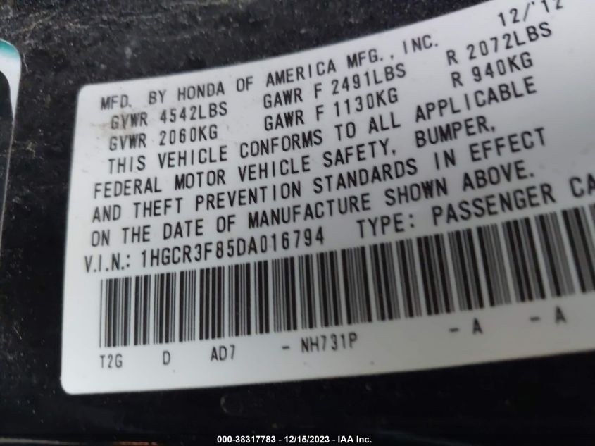 2013 HONDA ACCORD EX-L V-6 - 1HGCR3F85DA016794