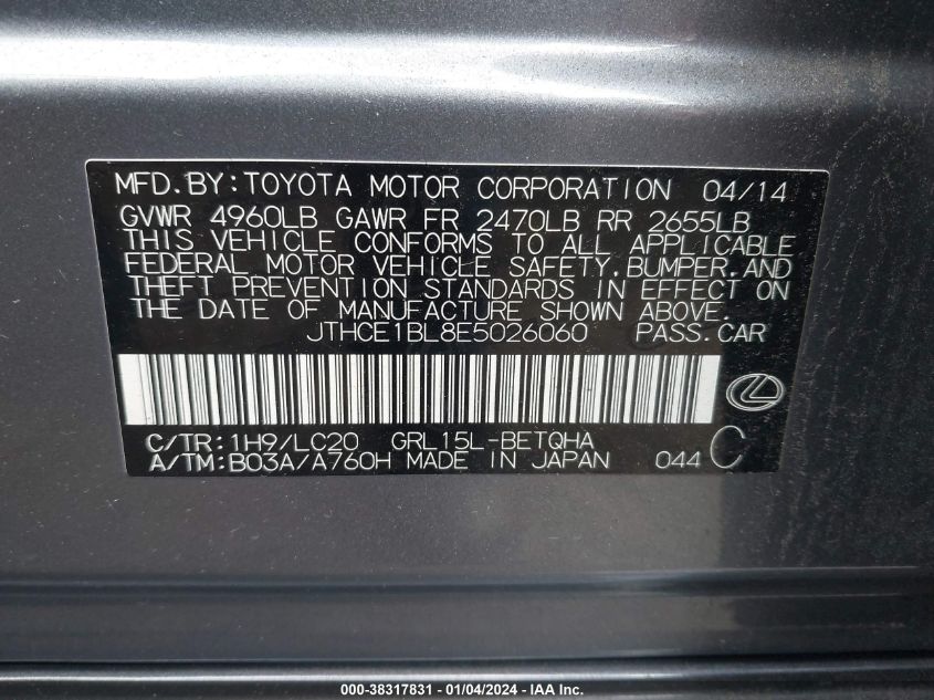 2014 LEXUS GS 350 - JTHCE1BL8E5026060