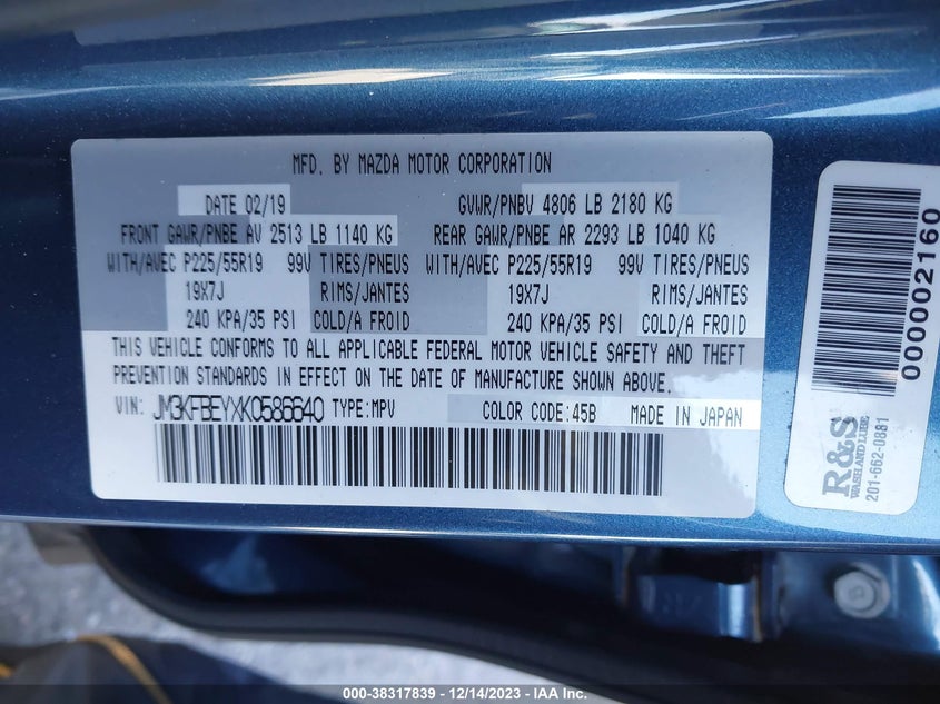 VIN JM3KFBEYXK0586640 2019 MAZDA CX-5 SIGNATURE