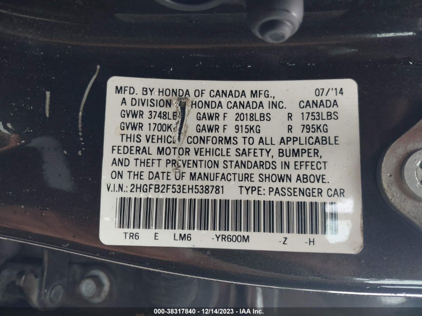 2014 HONDA CIVIC LX - 2HGFB2F53EH538781